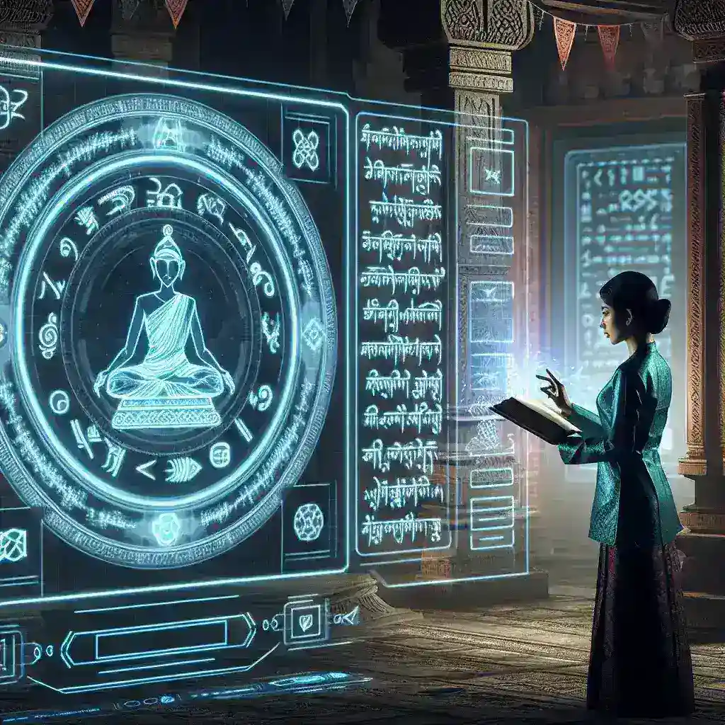 "Ilustrasi kecerdasan buatan yang mendigitalkan naskah kuno Nusantara, menampilkan proses pemindaian dan analisis teks menggunakan teknologi modern untuk pelestarian budaya."