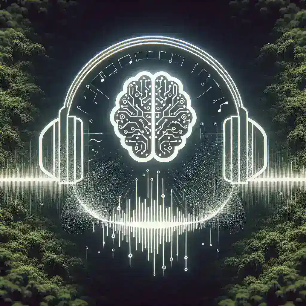 "Ilustrasi fitur ringkasan audio produk berbasis AI yang diuji oleh Amazon, menampilkan antarmuka pengguna yang menunjukkan informasi produk dengan efek suara modern."