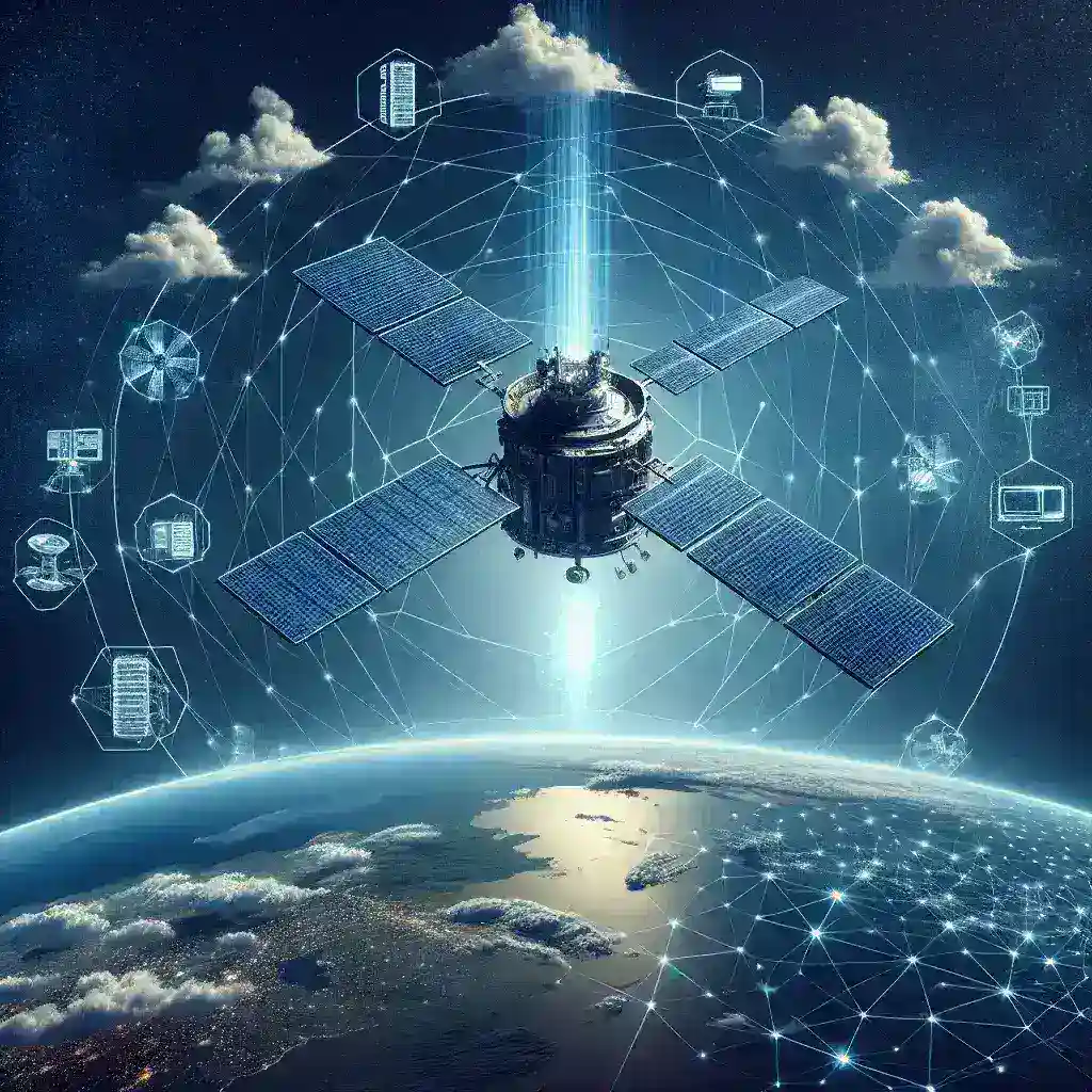 "Ilustrasi implementasi teknologi pemrosesan citra satelit menggunakan edge computing untuk analisis data ruang dan pengolahan real-time."
