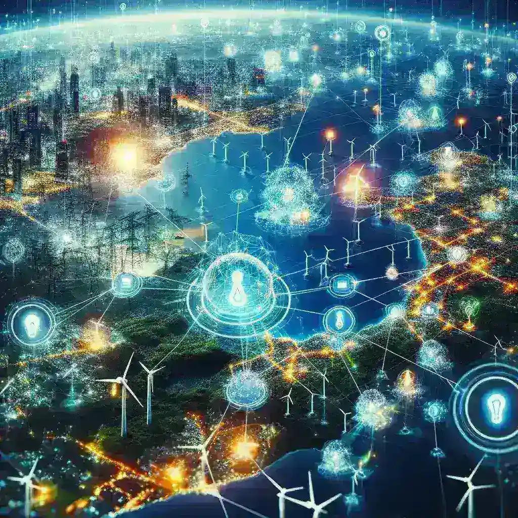 "Ilustrasi jaringan listrik pintar di Indonesia dengan jaringan smart grid yang modern, menggambarkan upaya pemerintah Indonesia untuk mencapai 50% jaringan listrik berbasis smart grid pada tahun 2040."