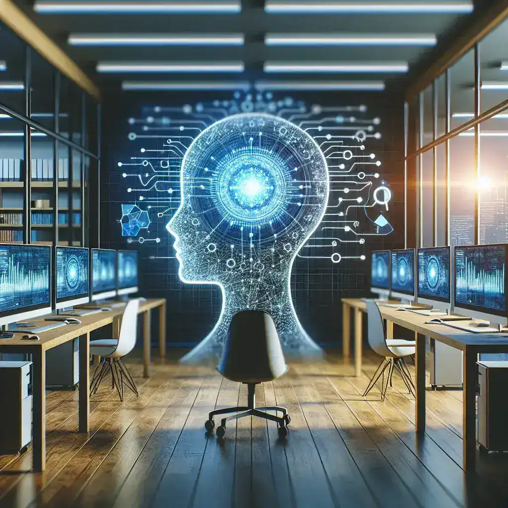 "Ilustrasi alat analisis log berbasis kecerdasan buatan yang digunakan untuk monitoring sistem IT, menunjukkan grafik dan data analitik untuk meningkatkan efisiensi operasional."