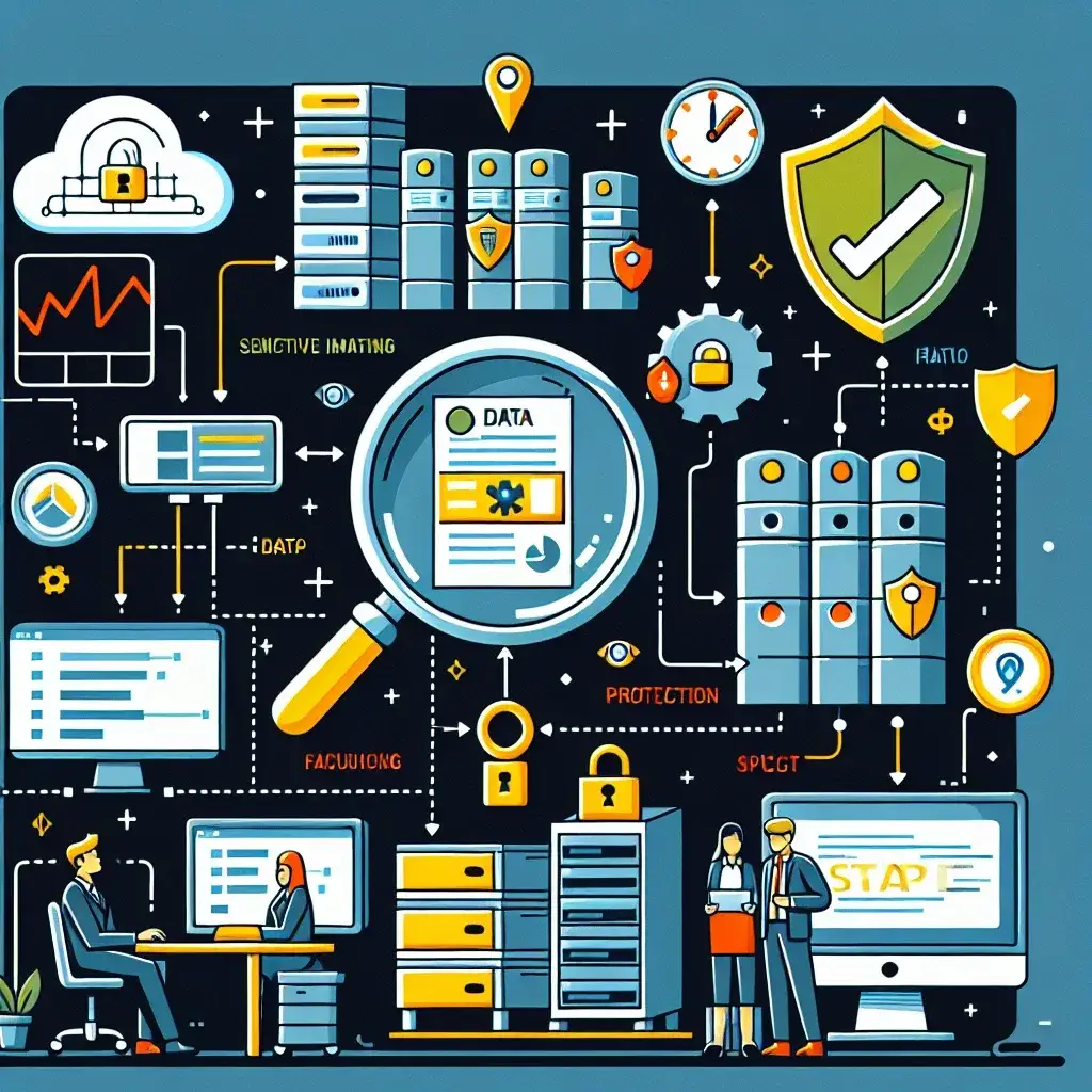 "Ilustrasi platform audit keamanan data sensitif yang menunjukkan langkah-langkah melindungi aset digital perusahaan dengan visual grafik dan diagram keamanan siber."