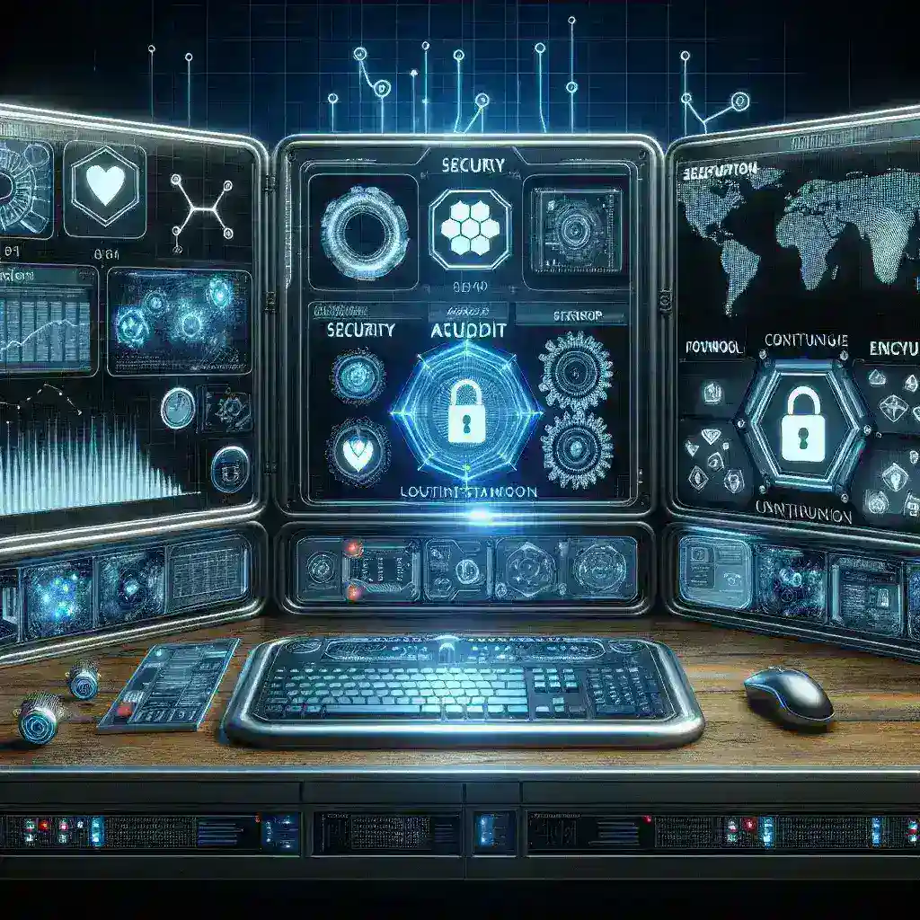 "Ilustrasi solusi audit keamanan otomatis dalam lingkungan DevOps, menampilkan grafis tentang strategi komprehensif untuk perlindungan berkelanjutan di perusahaan teknologi."