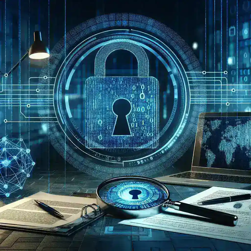 "Ilustrasi audit keamanan data sensitif dalam perusahaan, menunjukkan langkah-langkah penting untuk melindungi informasi penting dan strategi terbaik dalam pengelolaan data."